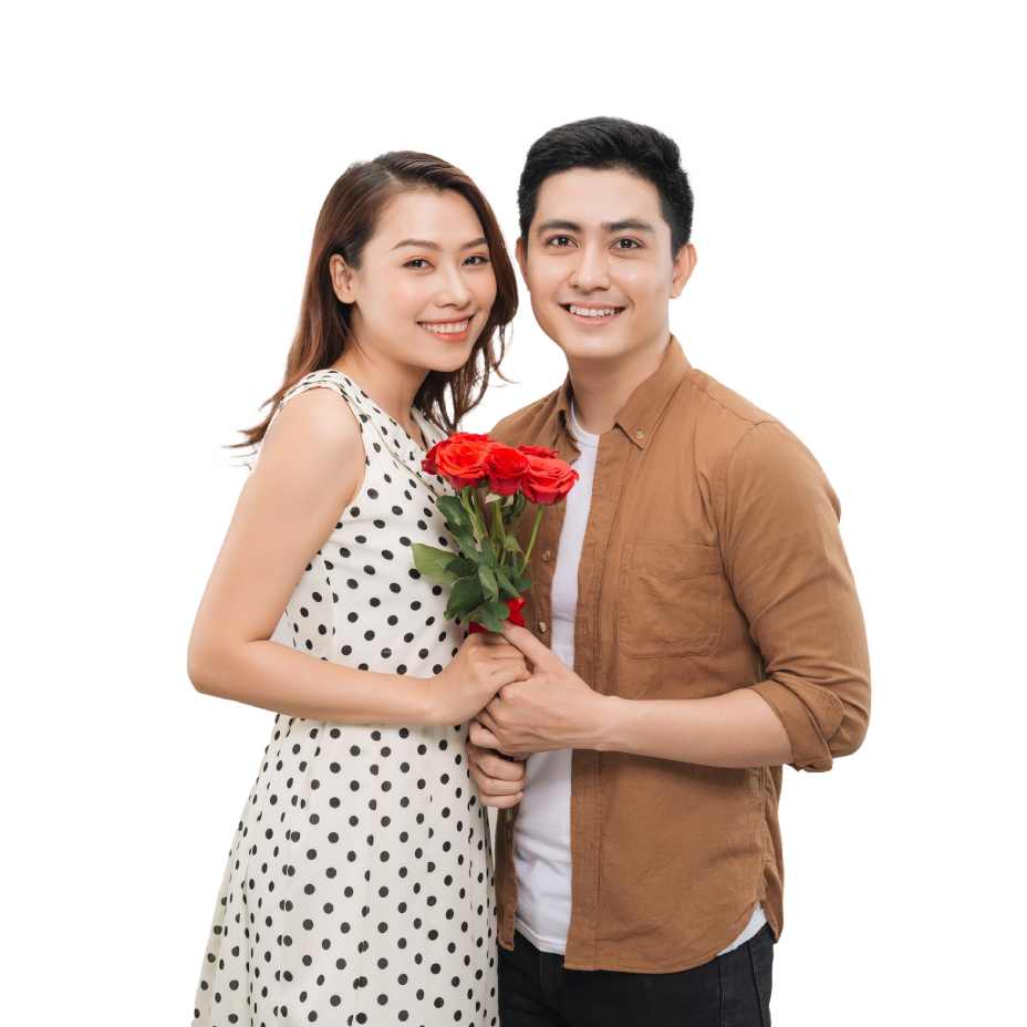 A couple holding a bouquet of roses ready to get married at the Registry of Marriages in Singapore